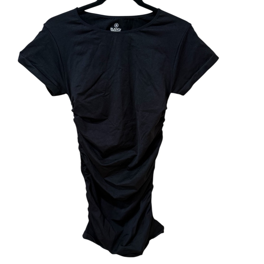 Blanqi Everyday Maternity Ruched Crew Neck Black Cap Sleeve Dress- Size M/L - Picture 2 of 4